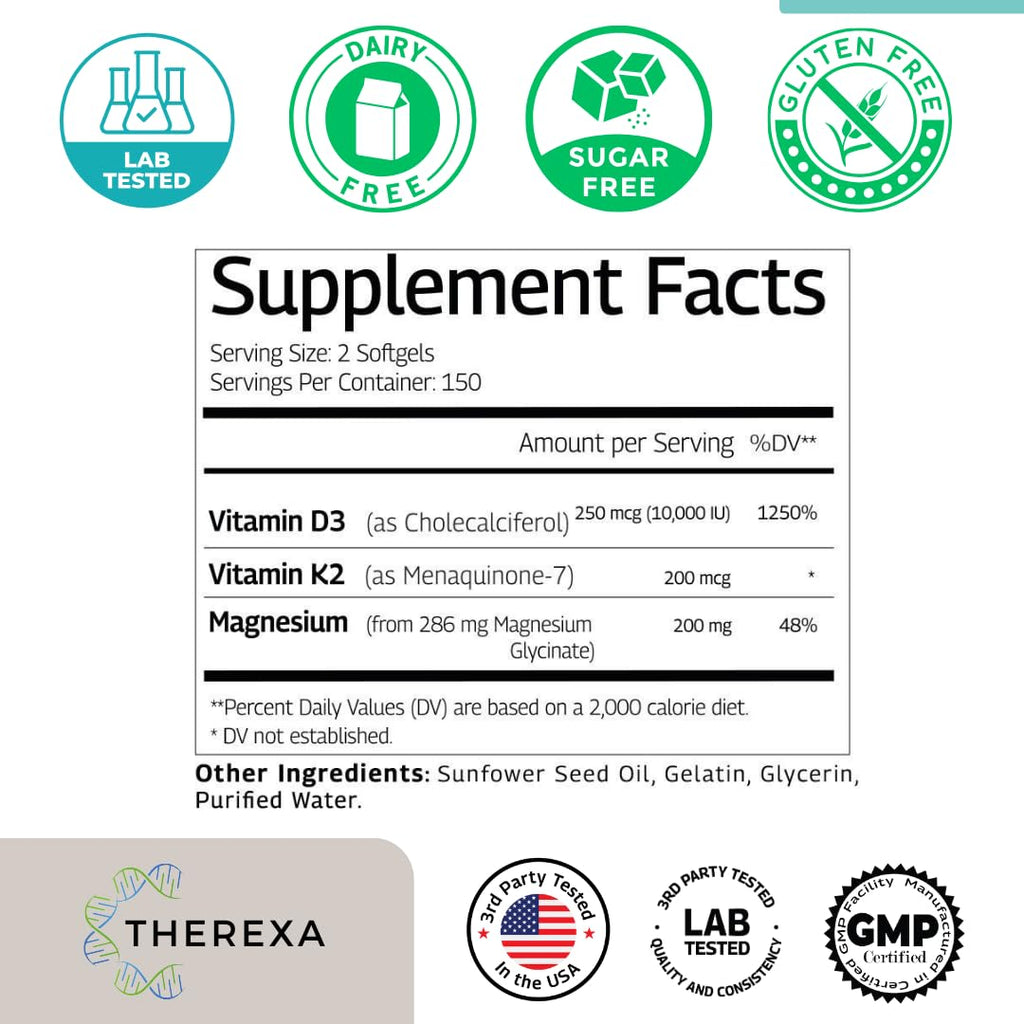 THEREXA Vitamin D3 K2 Magnesium Supplement - Extra Strength with 10000 IU Vitamin D3, Magnesium Glycinate and 200 mcg K2 MK-7 Vitamin Supplements Complex, for Women & Men - 300 Softgels THEREXA buy supplements Au
