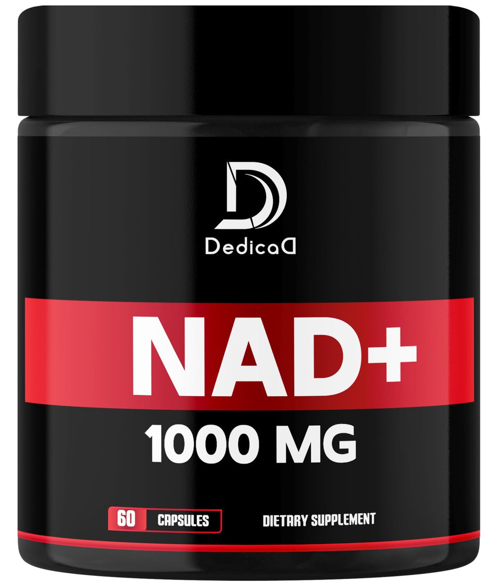Supplement container labeled 'NAD+ 1000 MG' with DedicaD branding on a black background.