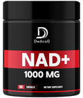 Supplement container labeled 'NAD+ 1000 MG' with DedicaD branding on a black background.