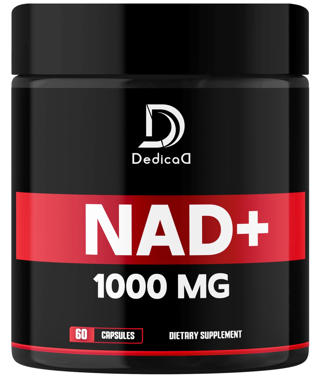Supplement container labeled 'NAD+ 1000 MG' with DedicaD branding on a black background.