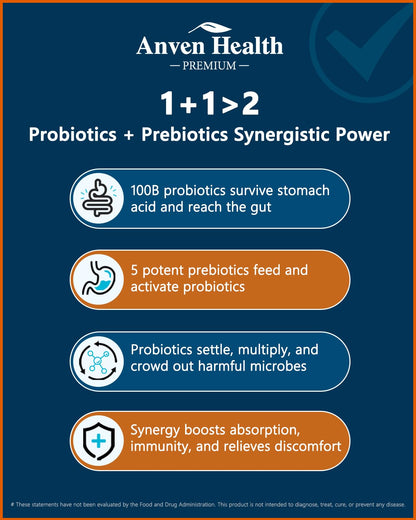 Anven Health 100 Billion Probiotics for Men and Women 27 Strains 5 Organic Prebiotics for Gut Digestive & Immune Health, Supports Diarrhea Gas Bloating