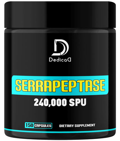 Black supplement container with 'DedicaD' brand and 'Serrapeptase' label on a white background
