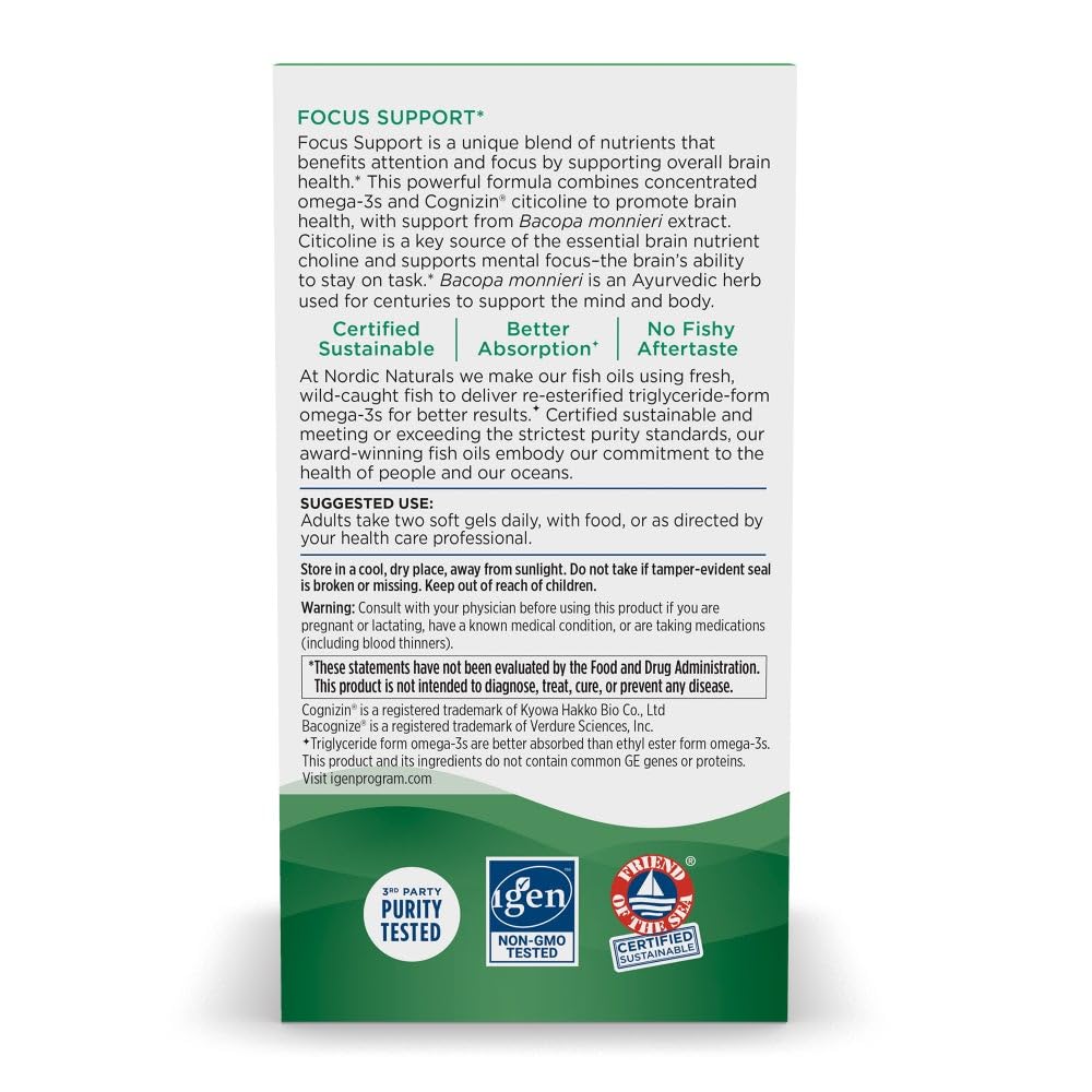 Nordic Naturals Omega Focus, Lemon - 60 Soft Gels - 1280 mg Omega-3 + Citicoline & Bacopa Monnieri Extract - Focus, Attention, Memory, Brain Health - Non-GMO - 30 Servings Nordic NaturalsBuy Supplements Australia