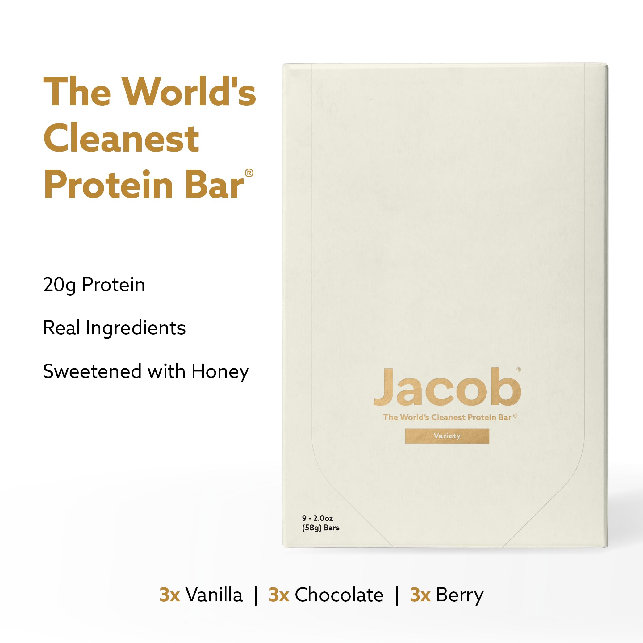 Jacob Bar, Protein Bars, Variety Pack (9 Bars Total) Contains 3 of Each; Chocolate, Vanilla, Berry - 20g Grass-Fed Protein, No Seed Oils, Nothing Artificial