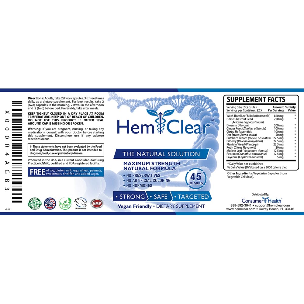 HemClear for Hemorrhoids - Vegan, 100% Natural Formula for Hemorrhoid Relief & Vascular Health - Maximum Strength 1 Bottle HemclearBuy Supplements Australia