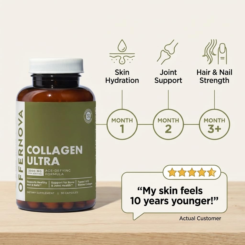 Offernova Collagen Ultra Hydrolyzed Collagen Supplements - 3000mg Anti Aging Bovine Collagen Peptides for Healthy Joints, Bones, Hair and Skin.