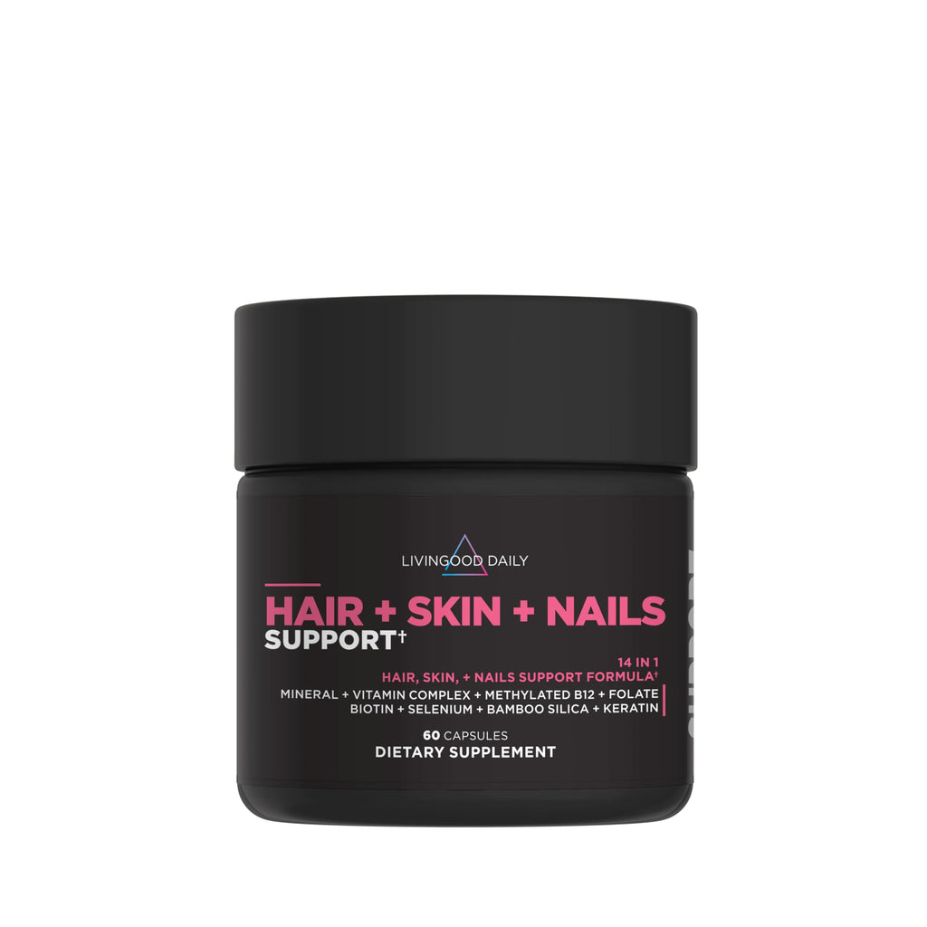 Livingood Daily Hair, Skin & Nails Supplement, 14-in-1 Formula with Biotin, Collagen, Keratin, Bamboo, Selenium, Folate, B12, Zinc and More, Beauty Supplement for Women & Men, Gluten Free, 60 Capsules Livingood DailyBuy Supplements Australia