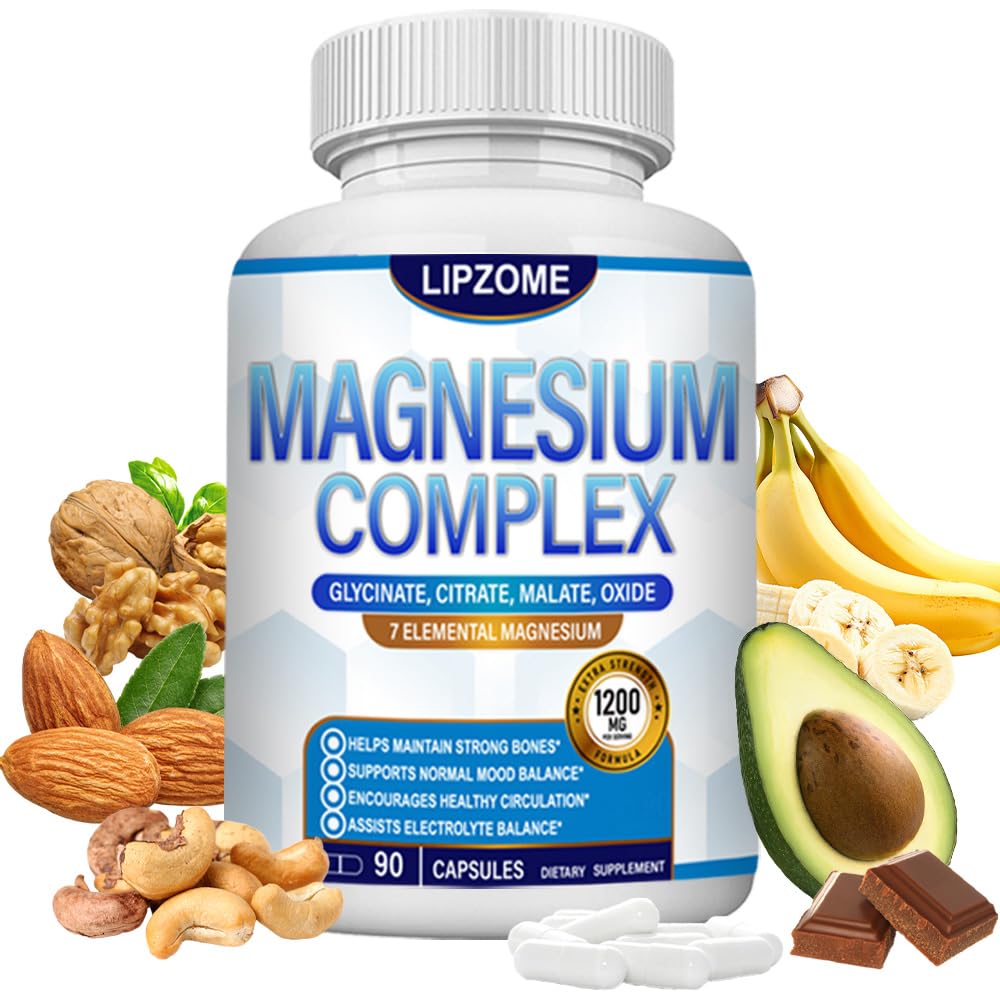 Lipzone Magnesium Complex supplement bottle with health benefits listed, surrounded by nuts, bananas, and an avocado.