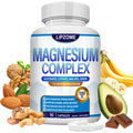 Lipzone Magnesium Complex supplement bottle with health benefits listed, surrounded by nuts, bananas, and an avocado.