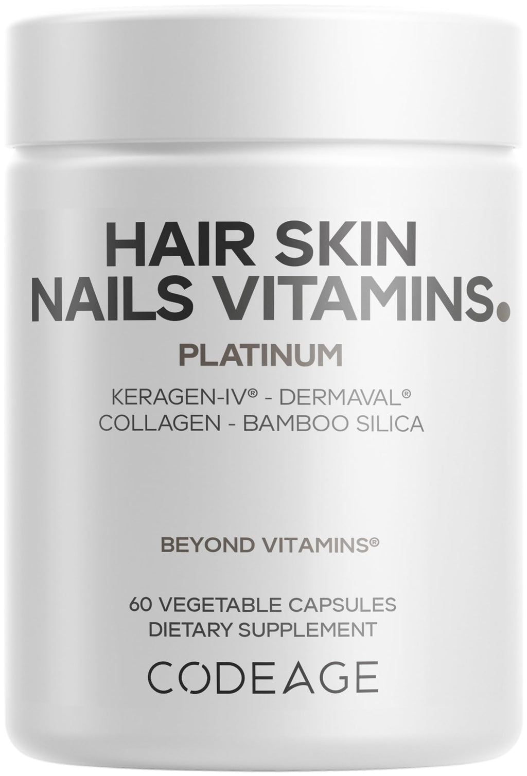 Codeage Hair Skin Nails Vitamins Platinum - KeraGEN-IV Keratin, Dermaval - Hair Fall, Skin Elasticity & Moisture Support - Biotin 5000, Collagen, Vitamin C, Coffeeberry, PABA Supplement - 60 Capsules CodeageBuy Supplements Australia
