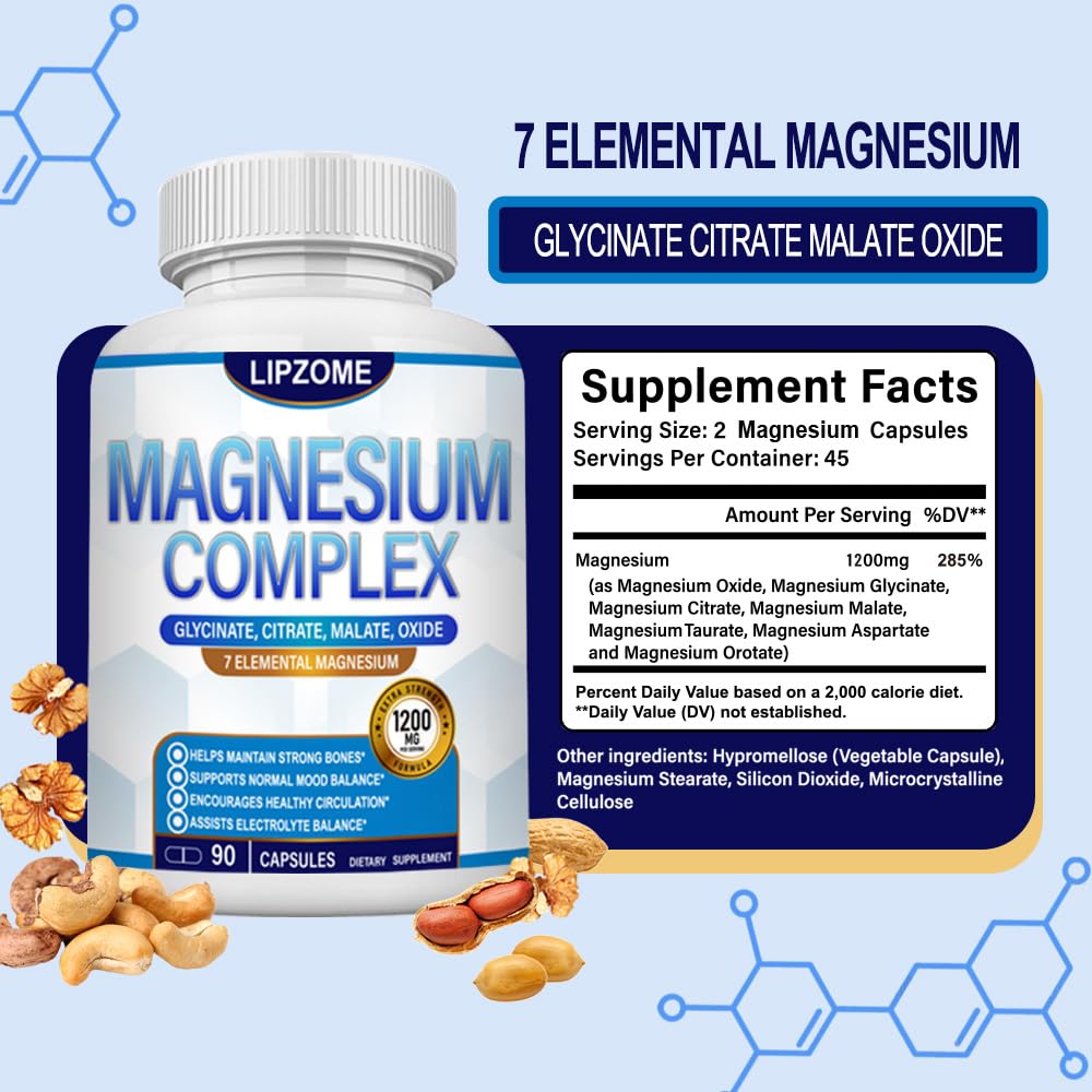Magnesium Complex Supplement 1200mg - Advanced 7-in-1 Magnesium Blend - Glycinate, Citrate, Malate, Taurate, Oxide, Aspartate, Orotate – High Absorption Formula – Non-GMO, 90 Capsules Lipzome buy supplements Au