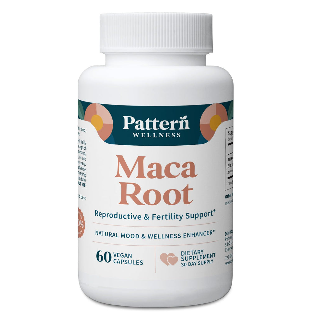 Supplement bottle labeled 'Maca Root' by Pattern Wellness on a white background