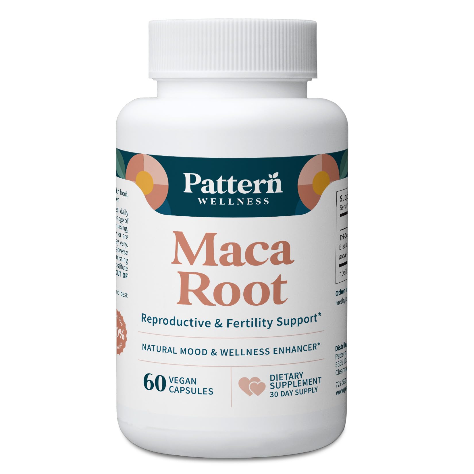 Supplement bottle labeled 'Maca Root' by Pattern Wellness on a white background