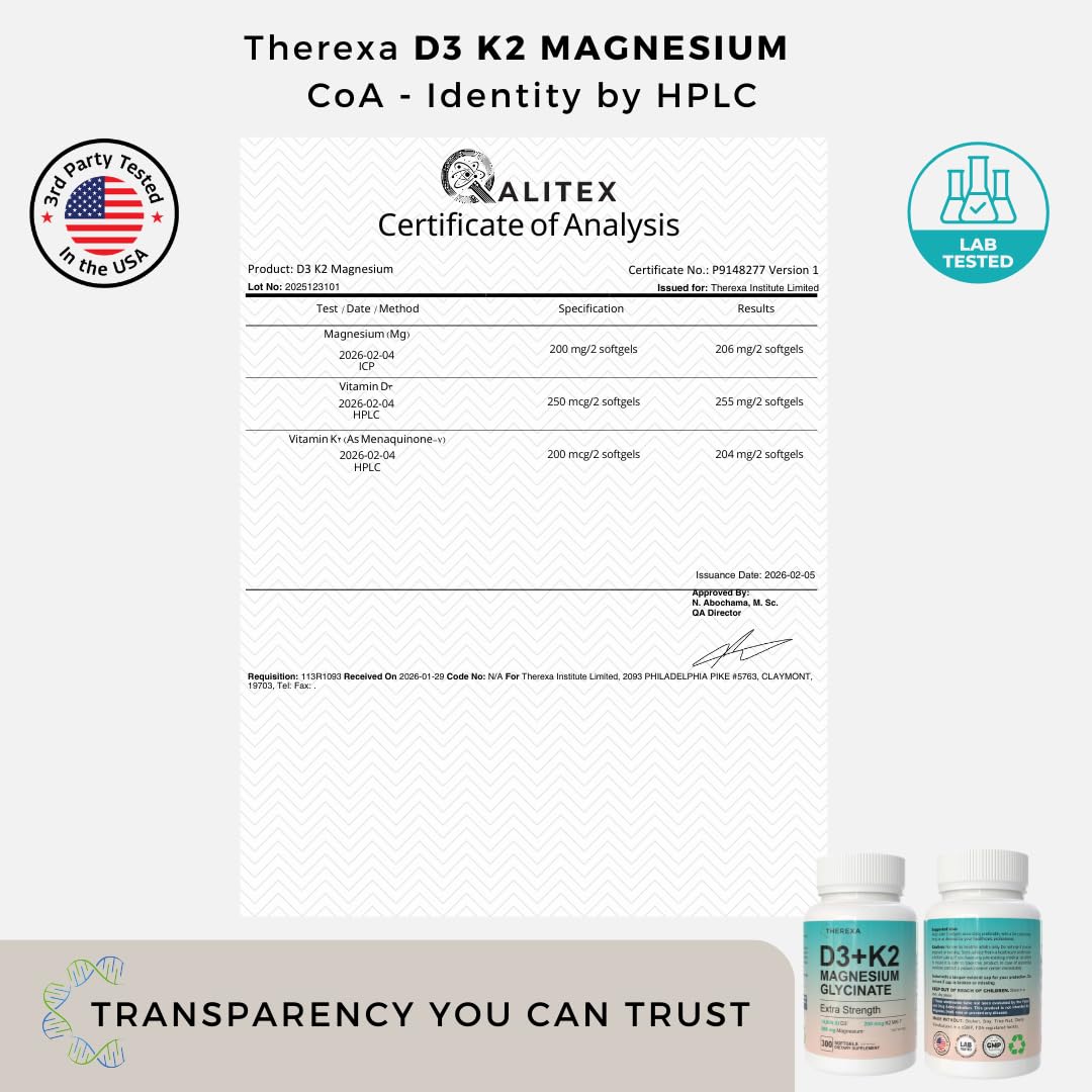 THEREXA Vitamin D3 K2 Magnesium Supplement - Extra Strength with 10000 IU Vitamin D3, Magnesium Glycinate and 200 mcg K2 MK-7 Vitamin Supplements Complex, for Women & Men - 300 Softgels THEREXA buy supplements Au