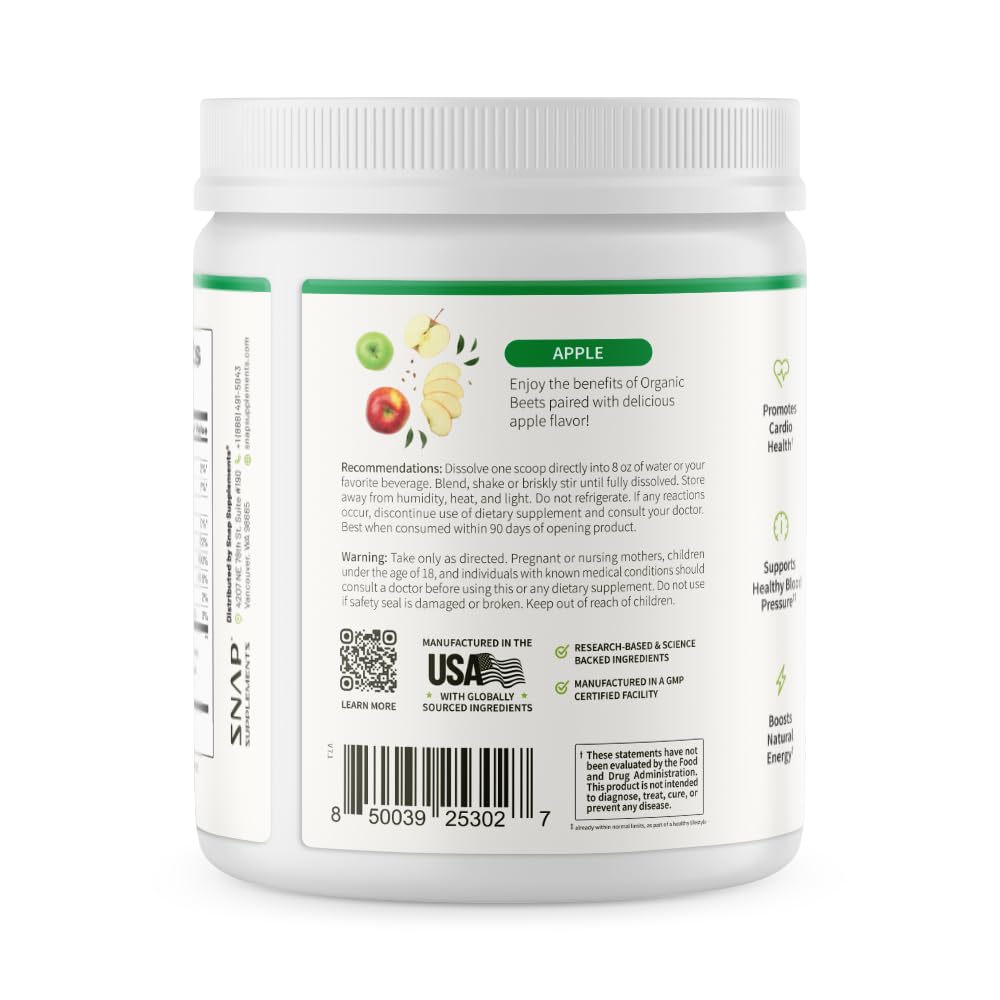 Snap Supplements Organic Beet Root Powder Nitric Oxide Supplement for Men & Women, Red Spinach & Pomegranate, Supports Healthy Energy & Blood Pressure Already