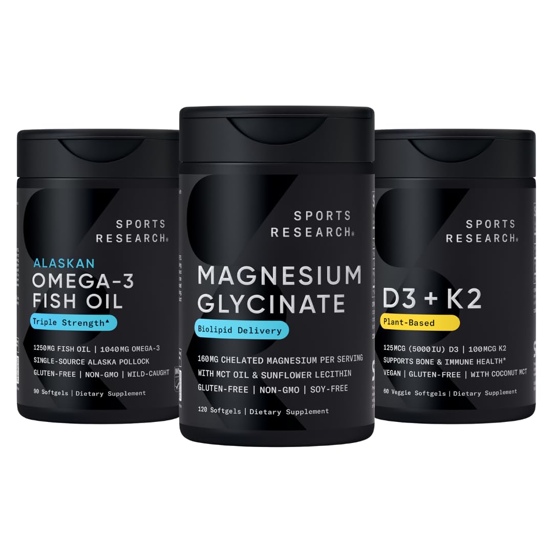 Sports Research® Multivitamins Pack - Triple Strength Omega-3 Fish Oil 1250 + 160 mg Chelated Magnesium Glycinate + Vegan Vitamin D 5000iu & Mk7 Vitamin K 100mcg Sports Research buy supplements Au