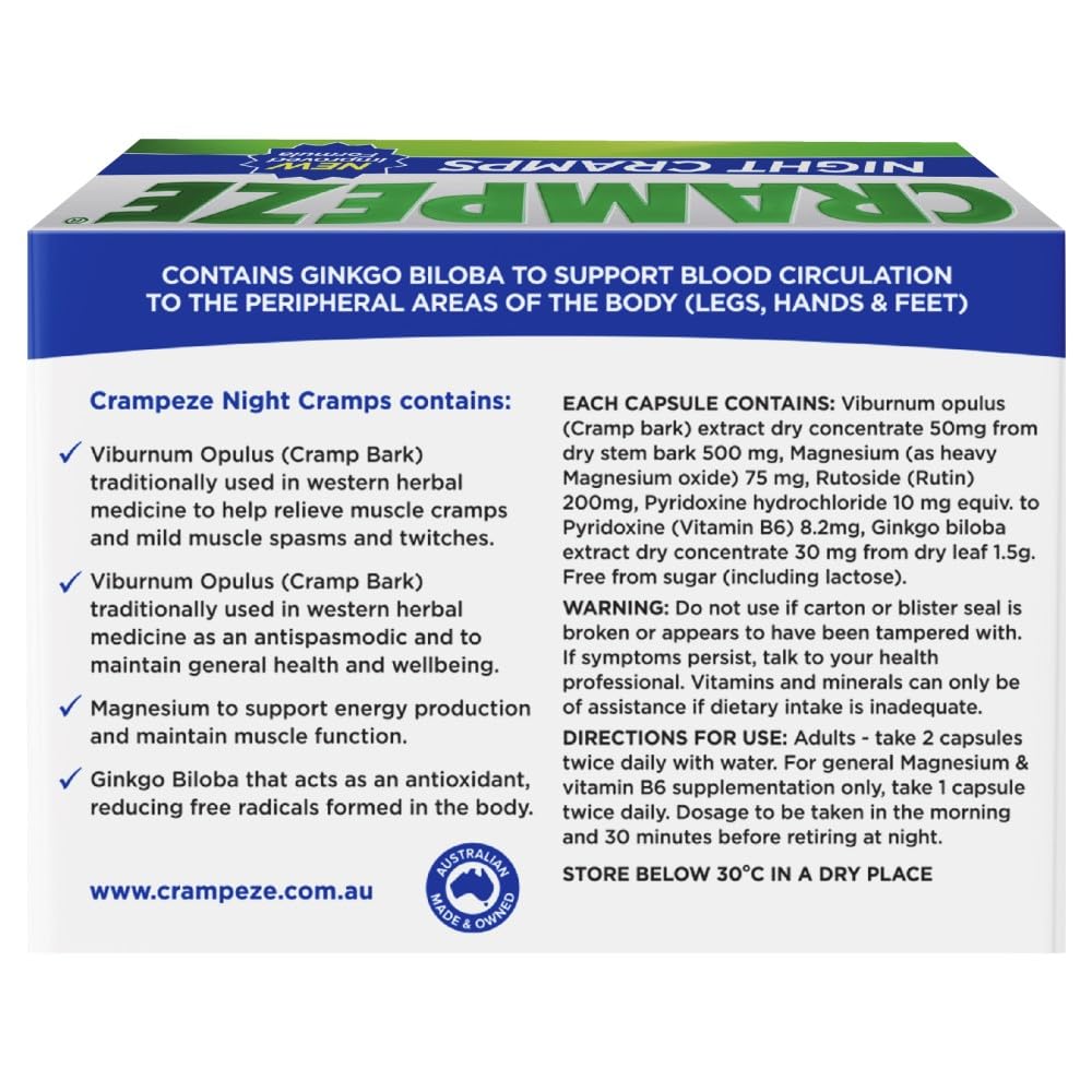 Crampeze Night Cramps Natural Relief of Muscle Cramps, Spasms & Tired Legs 60 Capsules CrampezeBuy Supplements Australia