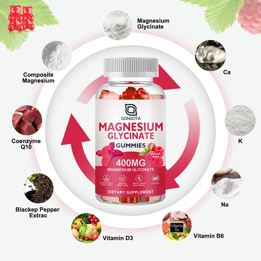 Magnesium Glycinate Gummies 400 mg with 100 mg Composite magnesium - Chelated Magnesium Potassium Supplement with Vitamin D, B6 Supports Calm, Sleep, Memory & Muscle