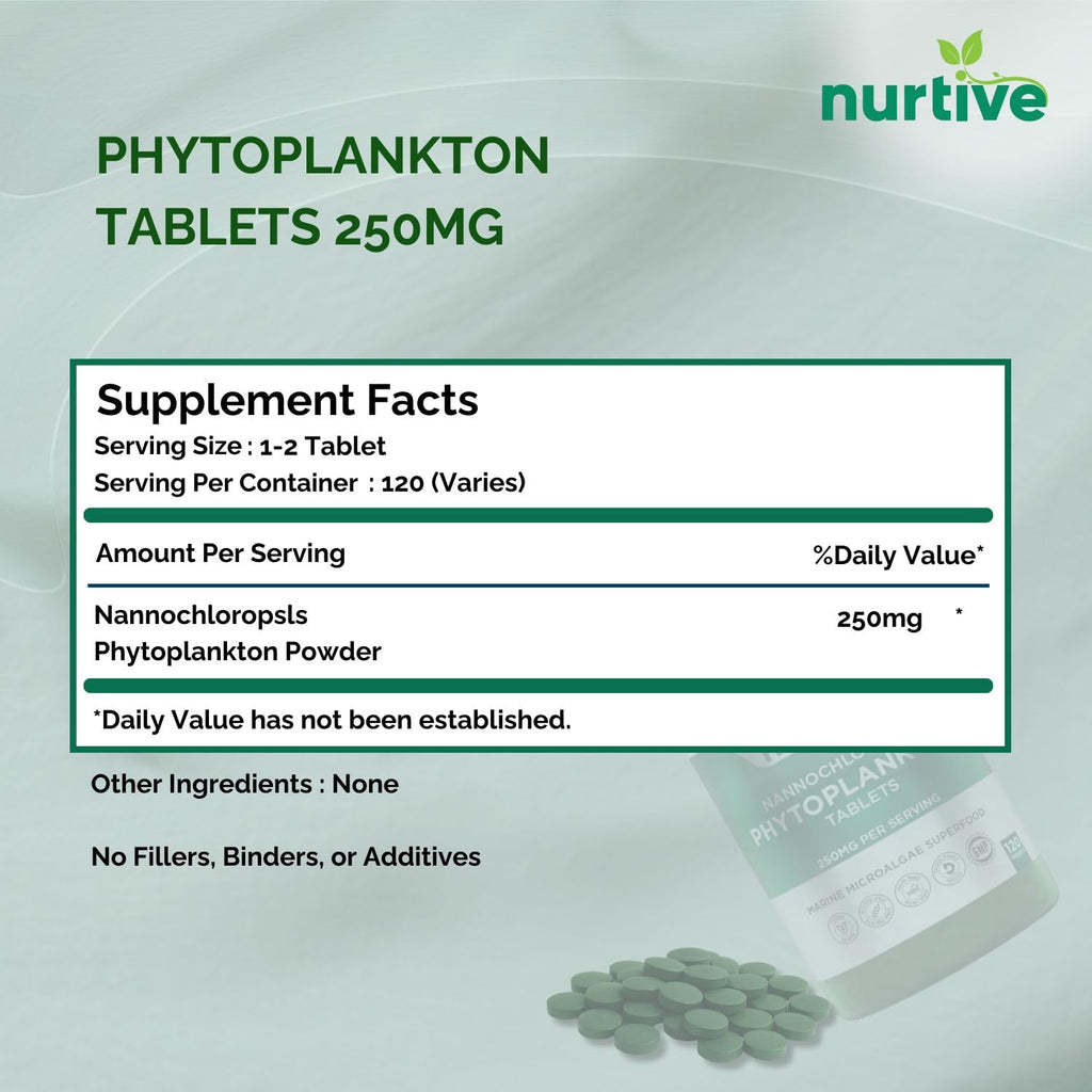 NURTIVE Nannochloropsis Phytoplankton Tablets – 250mg per Serving – Vegan, Gluten-Free, Non-GMO, No Fillers – Third-Party Tested, GMP Certified – 2 Tablets/Day for 2 Month, 120 Tablets/Bottle NURTIVEBuy Supplements Australia