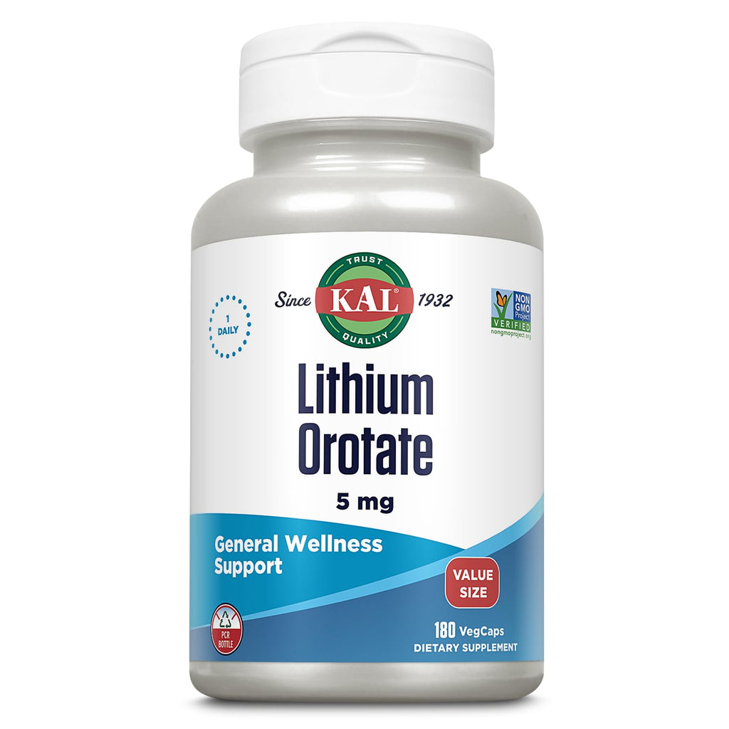 KAL Lithium Orotate 5mg, Low Dose Lithium Supplement for General Wellness Mood Support, Highly Bioavailable, Vegan, 60-Day Guarantee,