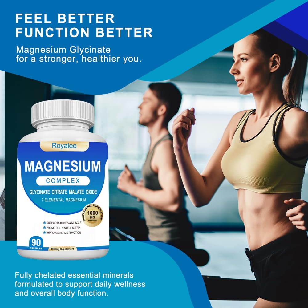Magnesium Complex Supplement - 1000mg with 7 Magnesium Forms Including Glycinate, Citrate, Malate, Taurate & Orotate - Supports Relaxation, Muscle Function & Bone Strength - 90 Capsules Royalee buy supplements Au