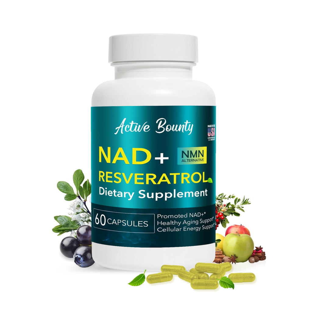 Supplement bottle labeled 'Active Bounty NAD+ Resveratrol' with fruits and plants on a white background