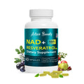 Supplement bottle labeled 'Active Bounty NAD+ Resveratrol' with fruits and plants on a white background