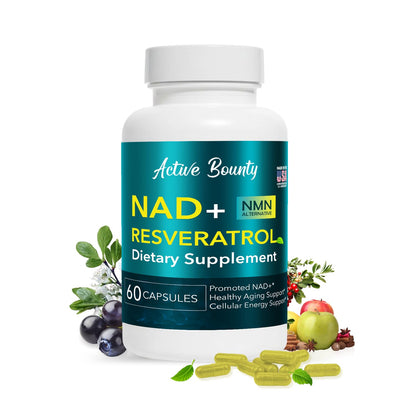 Supplement bottle labeled 'Active Bounty NAD+ Resveratrol' with fruits and plants on a white background
