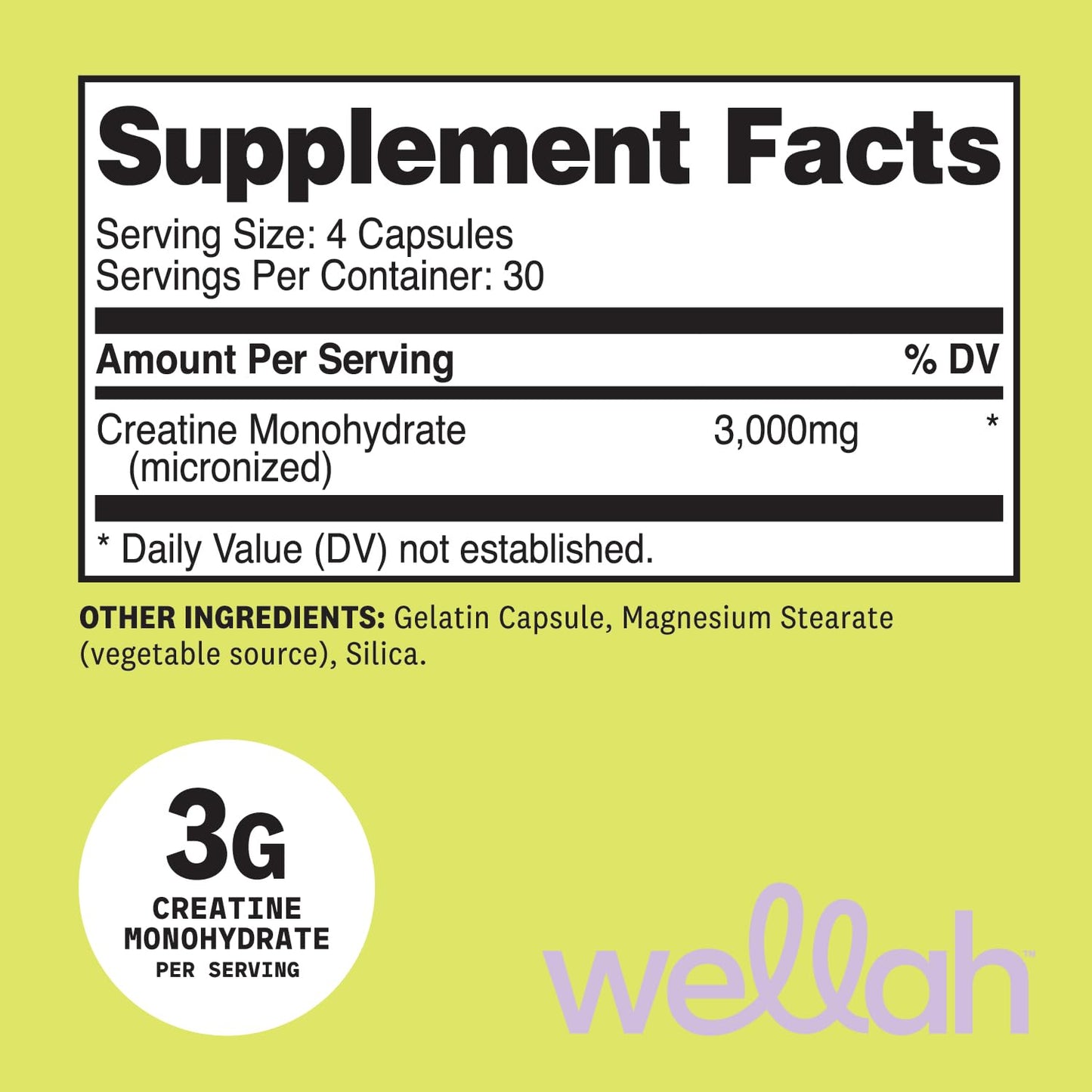 Wellah Creatine Monohydrate Capsules (3000 mg) 120 Capsules - Micronized Creatine, 30 Servings