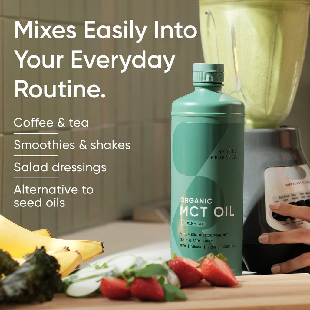 Sports Research Organic MCT Oil - Keto & Vegan MCTs C8, C10, C12 from Coconuts - Fatty Acid Brain & Body Fuel, Non-GMO & Gluten Free - Flavorless Oil, Perfect in Coffee, Tea & Protein Shakes - 32 oz Sports Research buy supplements Au