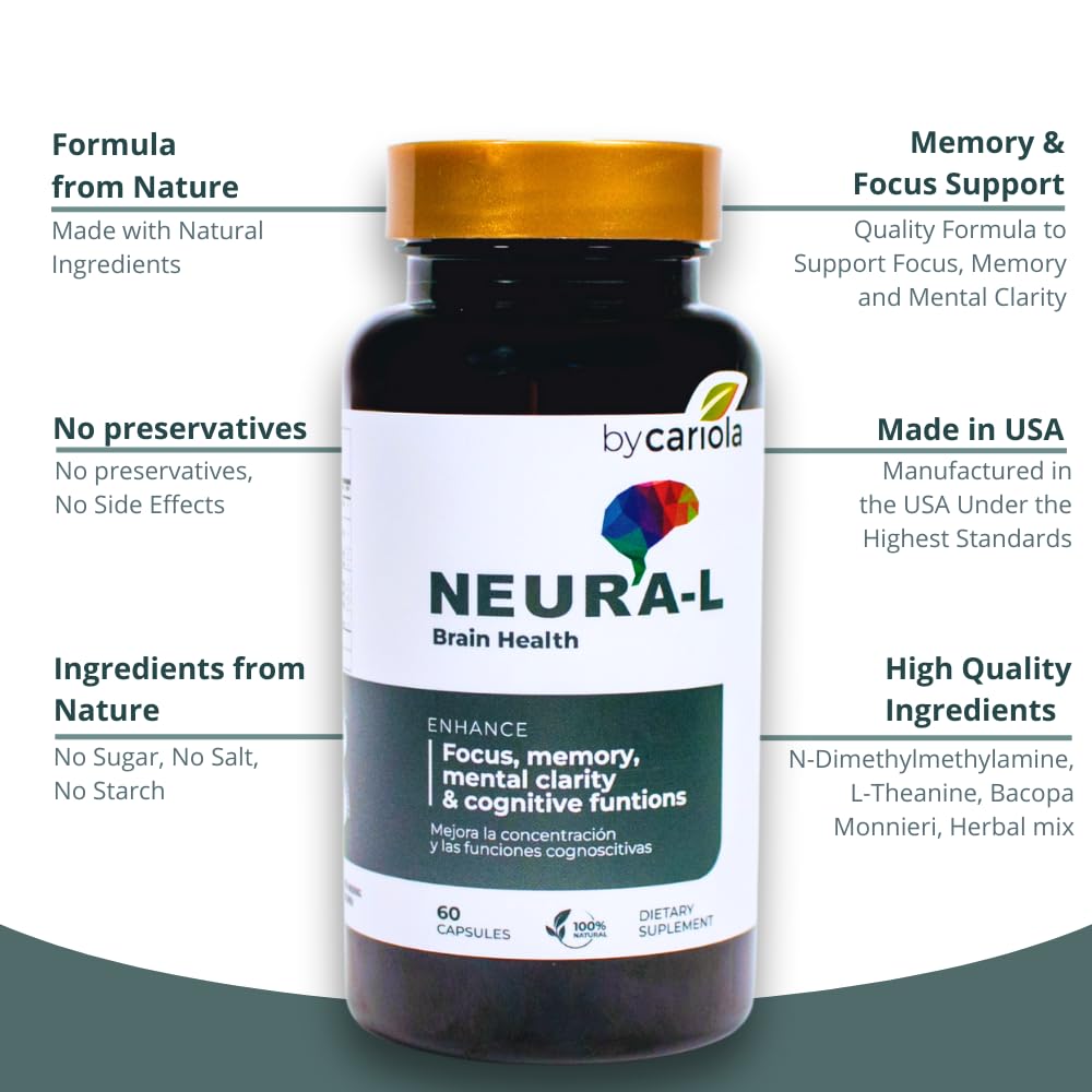 BY CARIOLA Neural-L Natural Brain Support Supplement 60 Caps - Mental Support – Memory Booster - Concentration - Natural Formula - Ashwagandha - L-Tyrosine - L-Theanine BY CARIOLA buy supplements Au