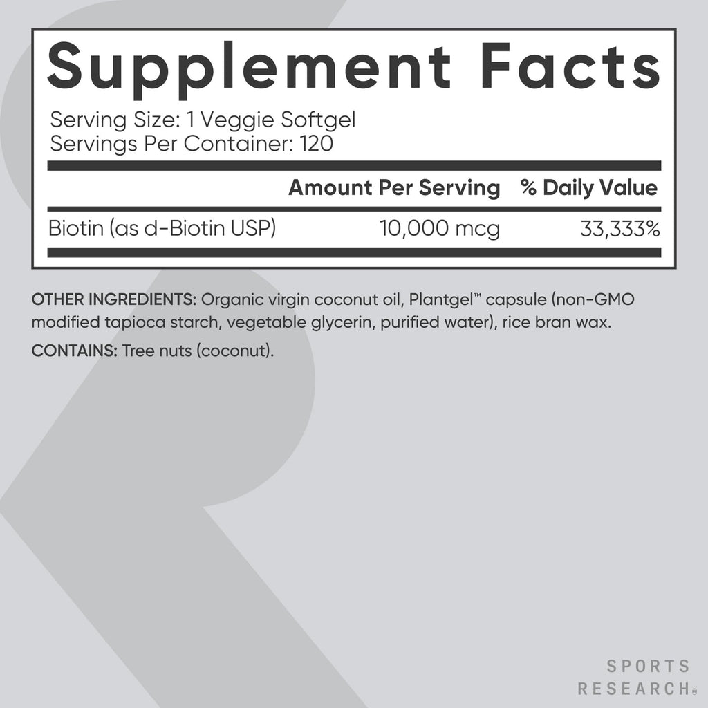 Sports Research® Biotin 10,000mcg with Organic Coconut Oil - Biotin (Vitamin B7) for Healthy Skin and Hair Support* - for Women and Men - Vegan, Non-GMO, Gluten & Soy-Free - 120 Veggie Softgels Sports Research buy supplements Au