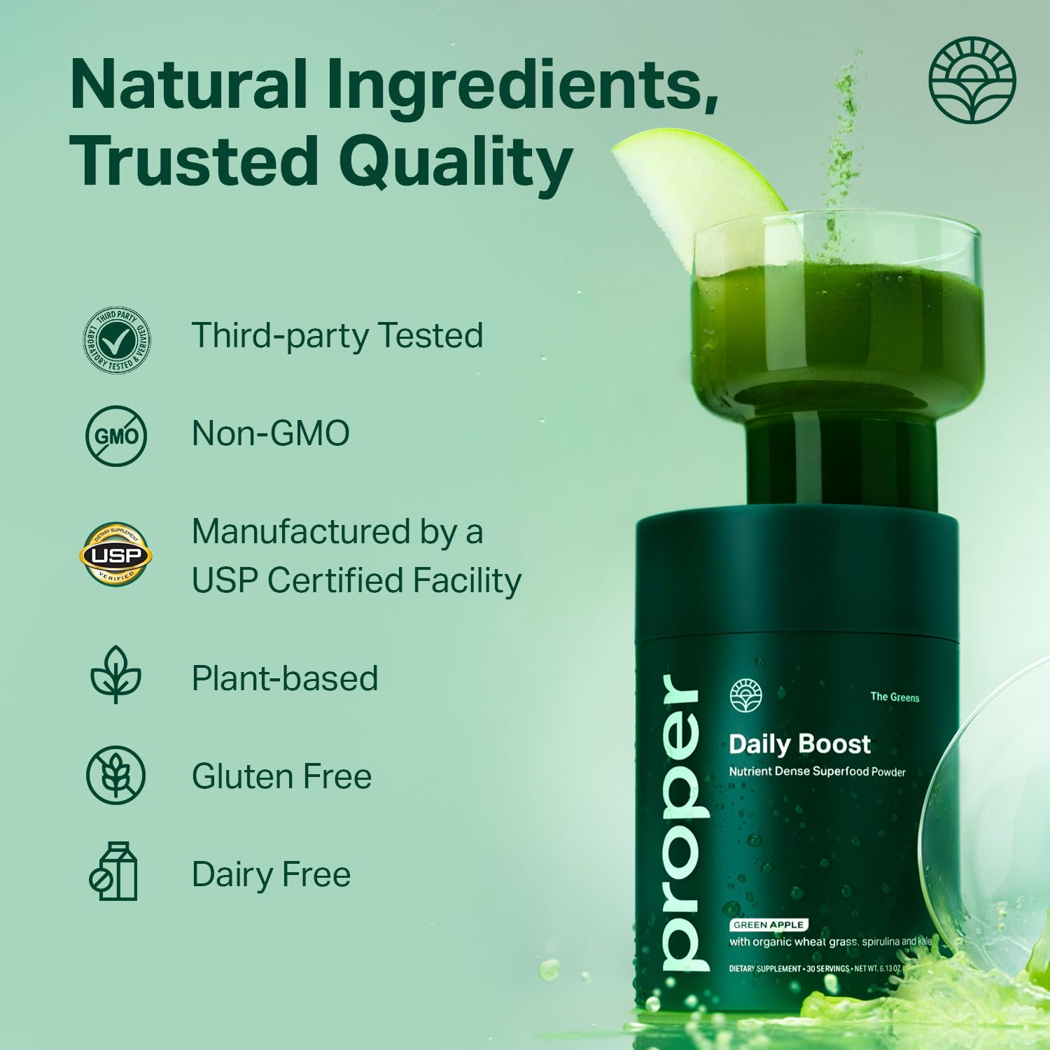 Proper, The Greens Daily Boost Organic Greens Powder. Whole Food, Apple Flavour Veggie Powder Superfood with Wheatgrass, Spirulina, Chlorella, Probiotics.