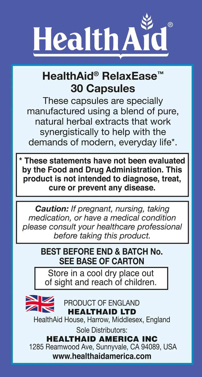RelaxEase, Herbal Blend to Support Harmony and Tranquility, Once Daily, 30 ct, Helps Promote Health and Relaxation HealthAid buy supplements Au