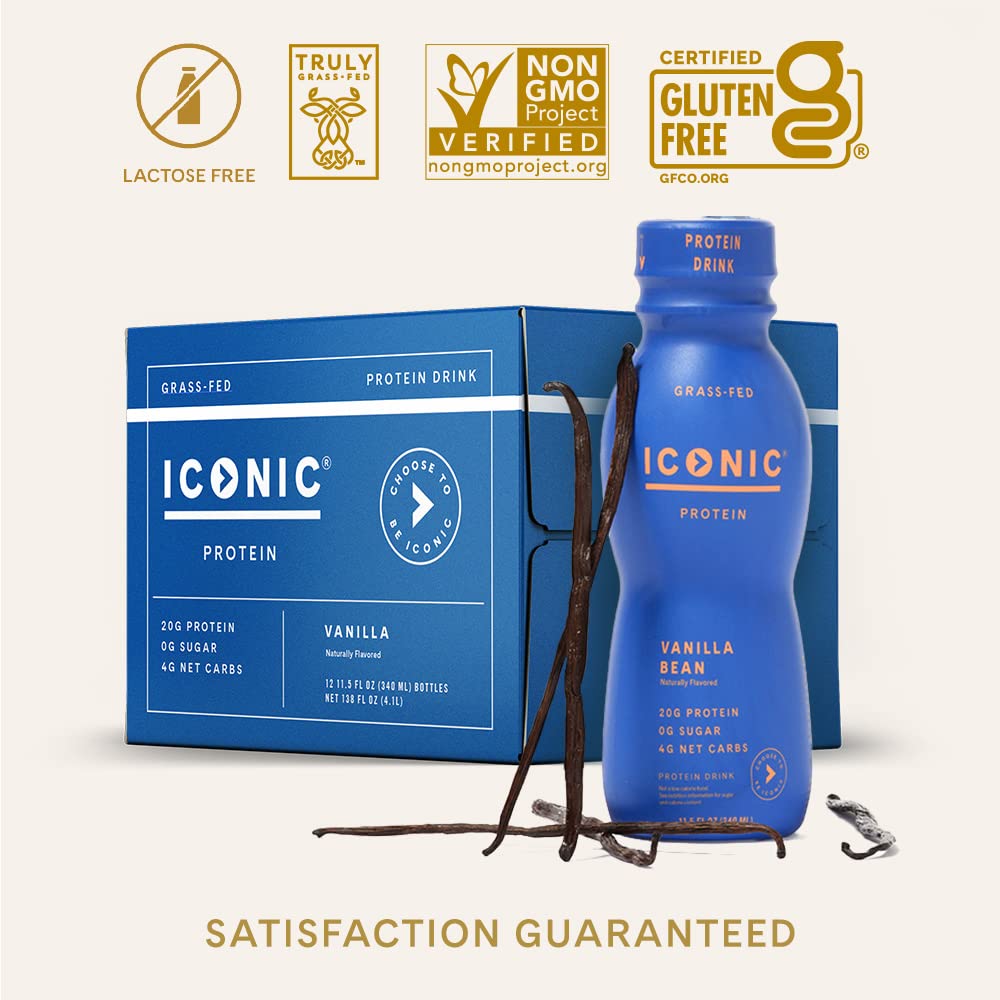 Iconic Protein Drinks, Vanilla Bean (12 Pack) - Sugar Free & Low Carb - 20g Grass Fed Protein - Lactose Free, Gluten Free, Non-GMO, Kosher - Keto Friendly Protein Shakes ICONIC buy supplements Au