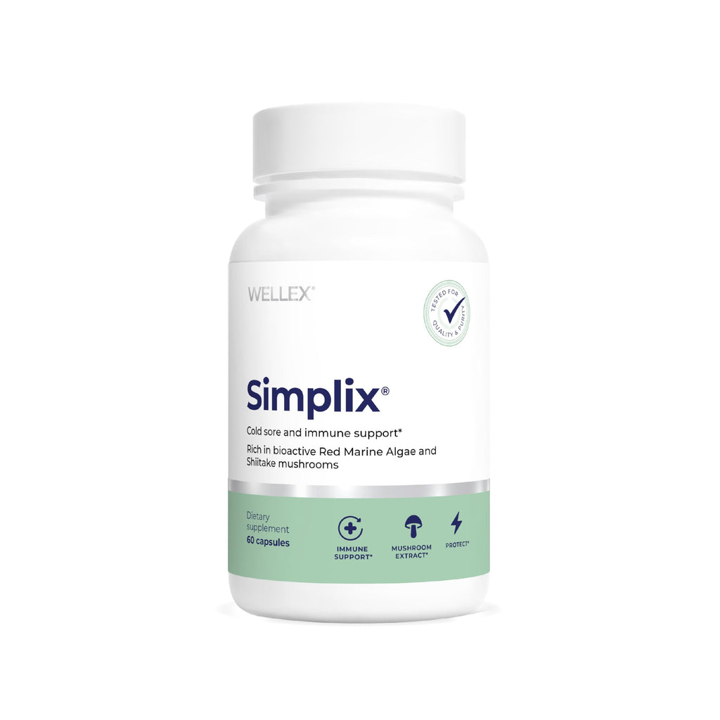 White bottle of Simplix dietary supplement by Wellex on a white background