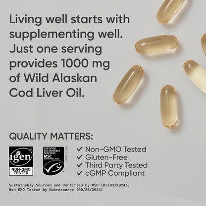 Sports Research® Omega-3 Wild Alaskan Cod Liver Oil 1000mg with Vitamins A (1000 IU) & D3 (400 IU) - Burpless, Bovine Free, Non-GMO, & MSC Certified Sustainable - 120 Softgels Sports Research buy supplements Au