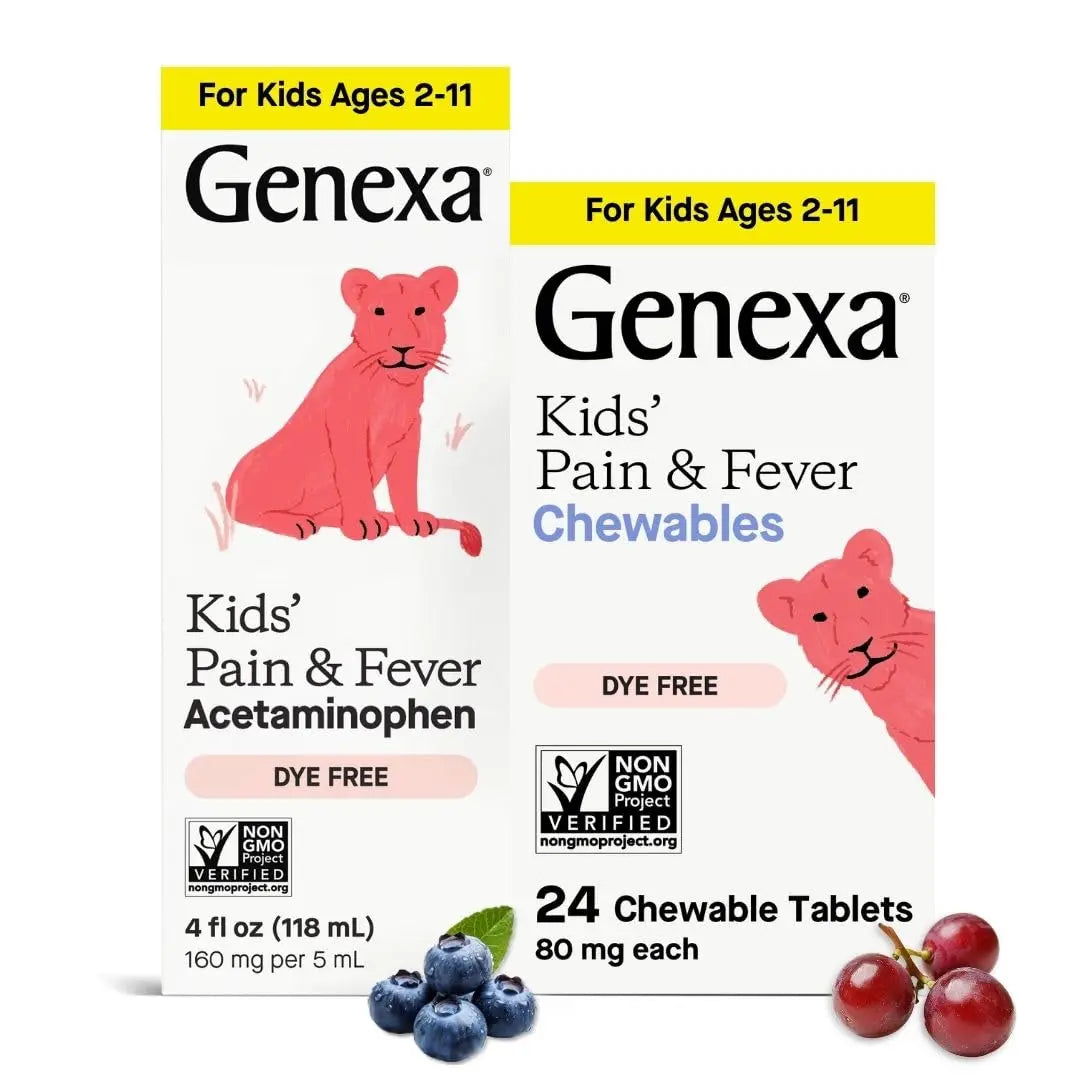 Genexa Kids' Clean Pain & Fever Acetaminophen Bundle | Relieves Fever & Minor Aches and Pain | Dye Free, 0% Artificial Additives | Chewable Tablets & Liquid Oral Suspension for Children Aged 2-11 GenexaBuy Supplements Australia