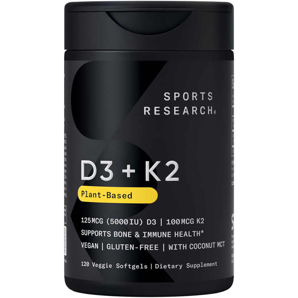 Sports Research Vitamin D3 with K2 Softgels - Plant Based K2 & Vegan D3 5000iu with Coconut MCT Oil - Vegan Certified, Soy & Gluten Free - 120 Count Sports Research buy supplements Au