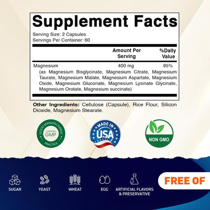 Vitamatic Magnesium Complex, 400mg Elemental MG (as Bisglycinate, Citrate, Taurate, Malate, Aspartate, Oxide, Gluconate, Lysinate Glycinate, Orotate, Succinate) – 120 Capsules Vitamatic buy supplements Au