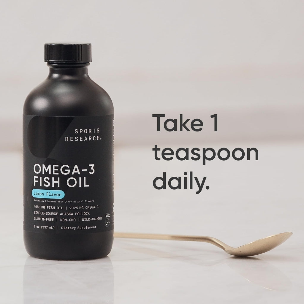 Sports Research® Omega-3 Fish Oil, 8oz Glass Bottle - 4685mg of Wild Caught Alaska Pollock Fish Oil per Serving - Easy-to-Take Liquid · Lemon Flavor · Non-GMO · MSC Certified Sustainable - 48 Servings Sports Research buy supplements Au