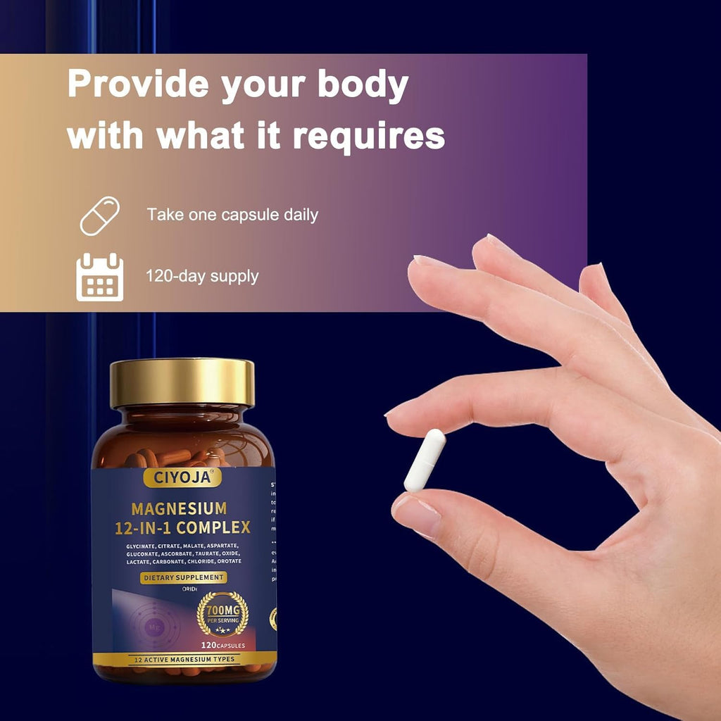 12 in 1 Magnesium Complex 700mg: Magnesium Supplement with Glycinate, Citrate, Malate, Taurate, High Absorption Magnesium for Sleep, Muscle Recovery, Nerve & Heart Support, Vegan, 120 Capsules CIYOJA buy supplements Au