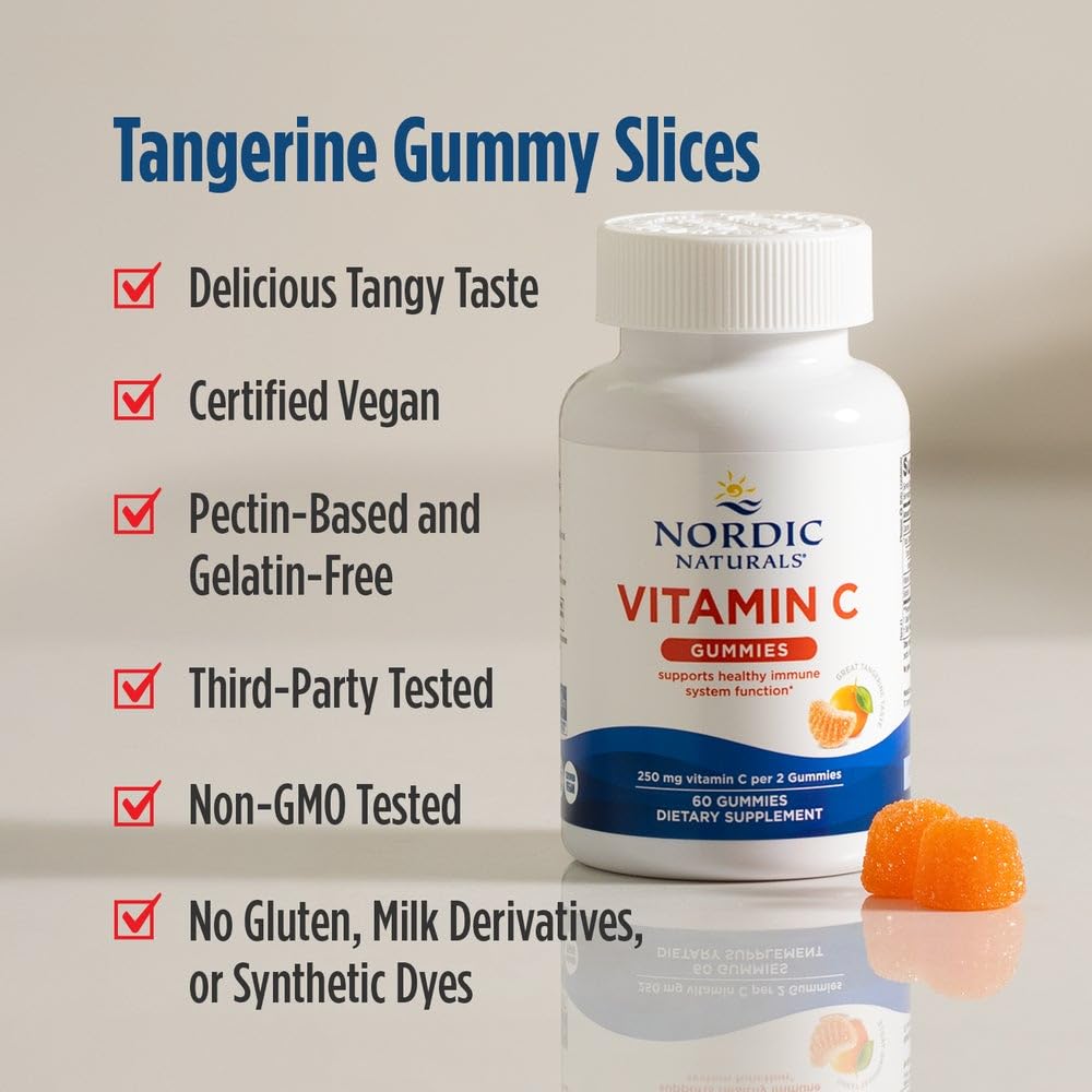 Nordic Naturals Vitamin C Gummies, Tart Tangerine - 120 Gummies - 250 mg Vitamin C - Immune Support, Antioxidant Protection, Child Growth & Development - Non-GMO, Vegan - 60 Servings Nordic NaturalsBuy Supplements Australia