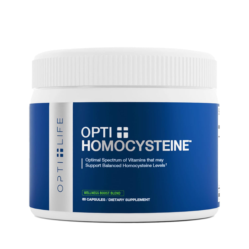 Supplement jar labeled 'Opti Homocysteine' on a white background
