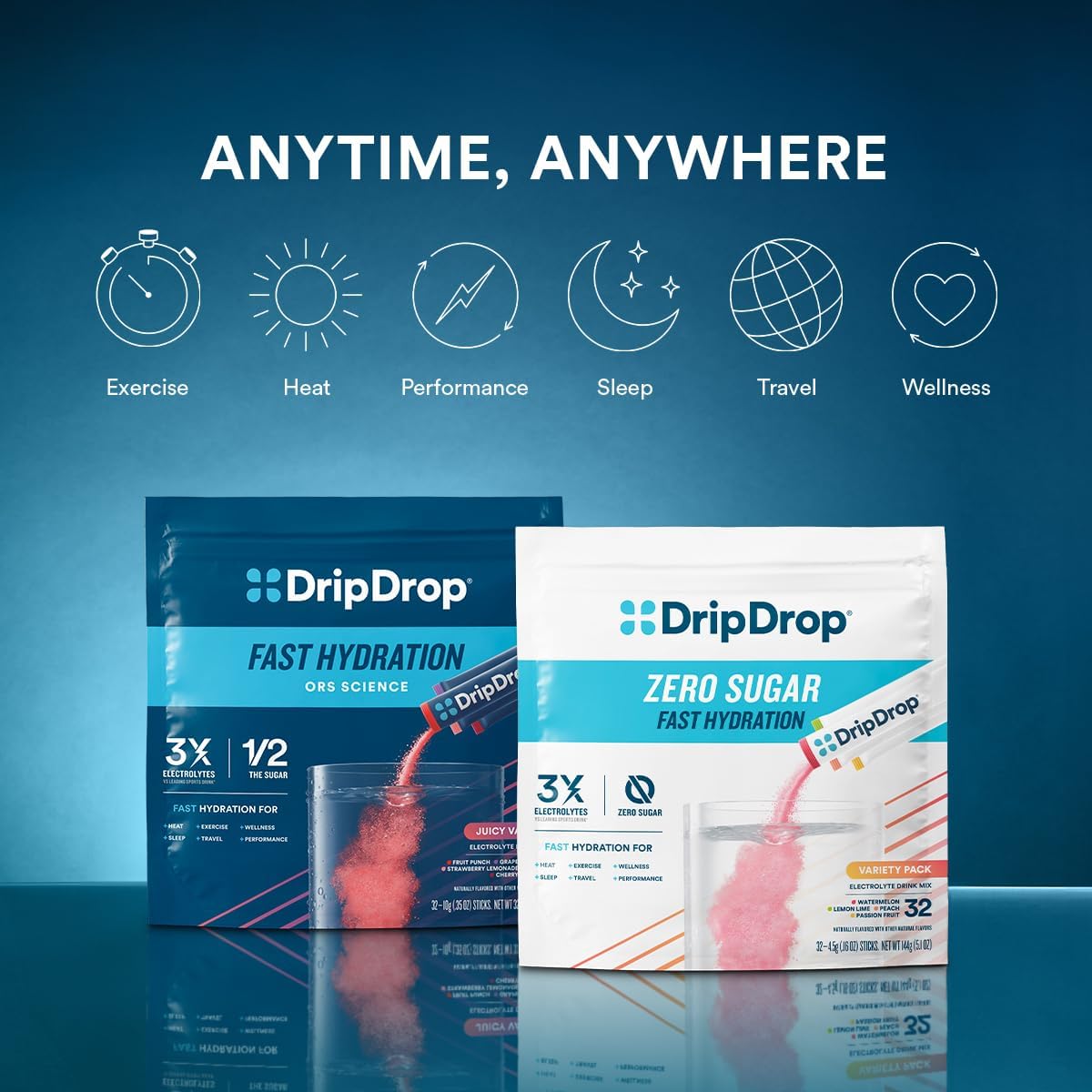 DripDrop Hydration Packets - Bold Variety Pack - Single Serve Electrolytes Powder Drink Mix - Watermelon, Berry, Lemon, Orange