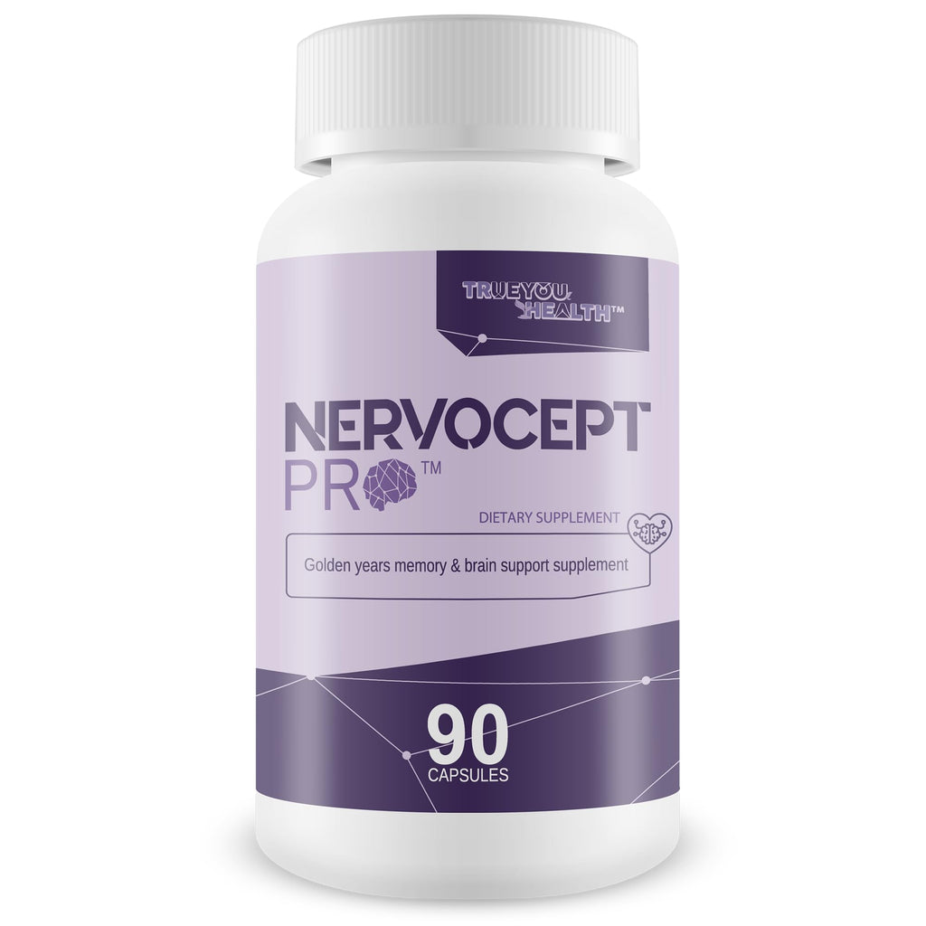 Supplement bottle labeled 'Nervocept Pro' with purple and white design on a white background