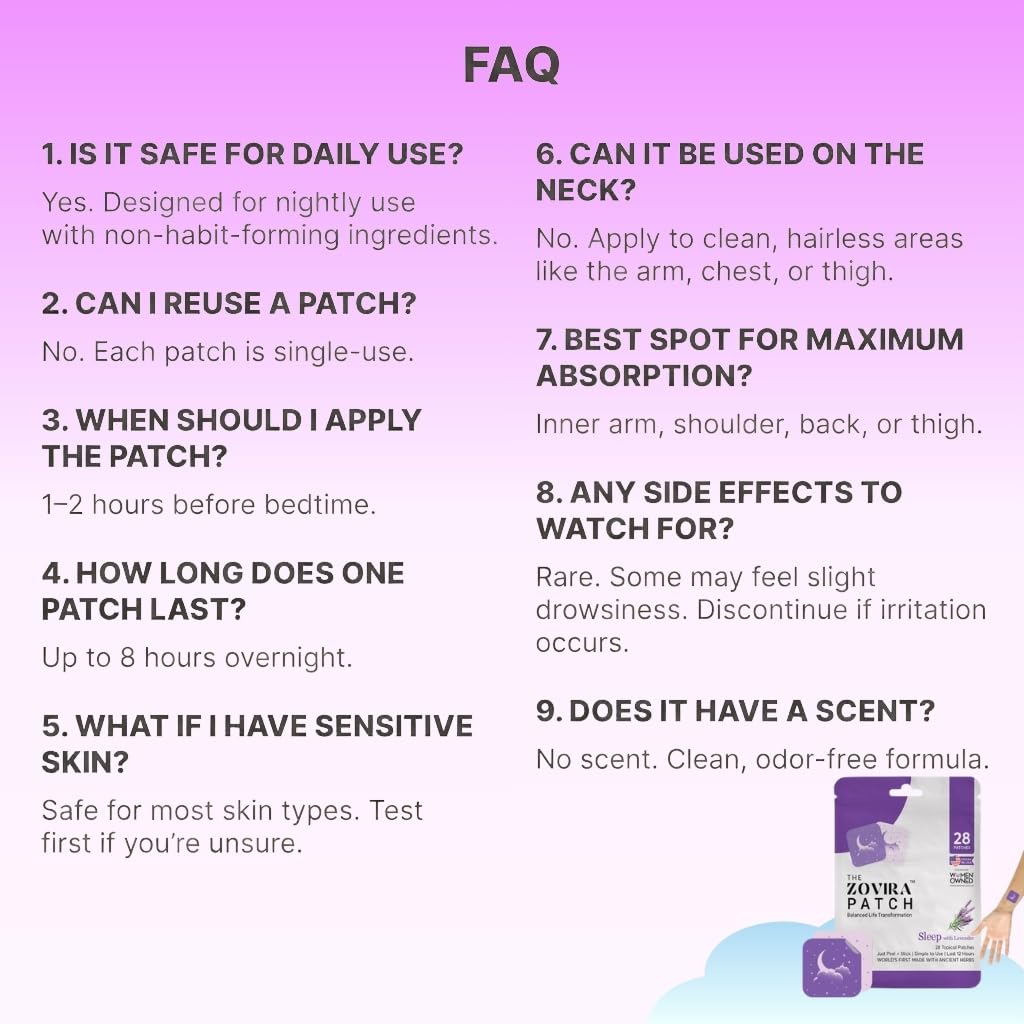 Zovira Sleep Patches for Adults, Melatonin Free with Lavender & Magnesium | Time-Release Transdermal, Aromatherapy Sleep Aid | Non-Habit Forming, Hypoallergenic, All-Night Restorative Sleep | 28 Count ZOVIRA buy supplements Au