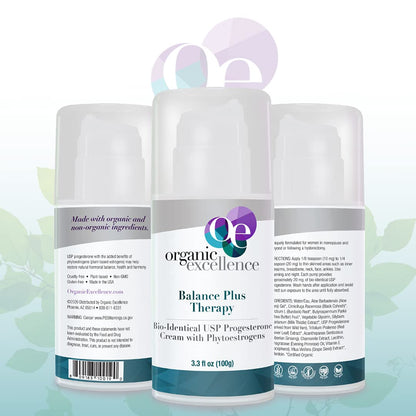 Organic Excellence Balance Plus Therapy - USP Bioidentical Organic Progesterone Cream for Women - with Phytoestrogens - for Menopause Relief and Natural Hormone Balance, 3.3 fl oz (100g) Organic ExcellenceBuy Supplements Australia