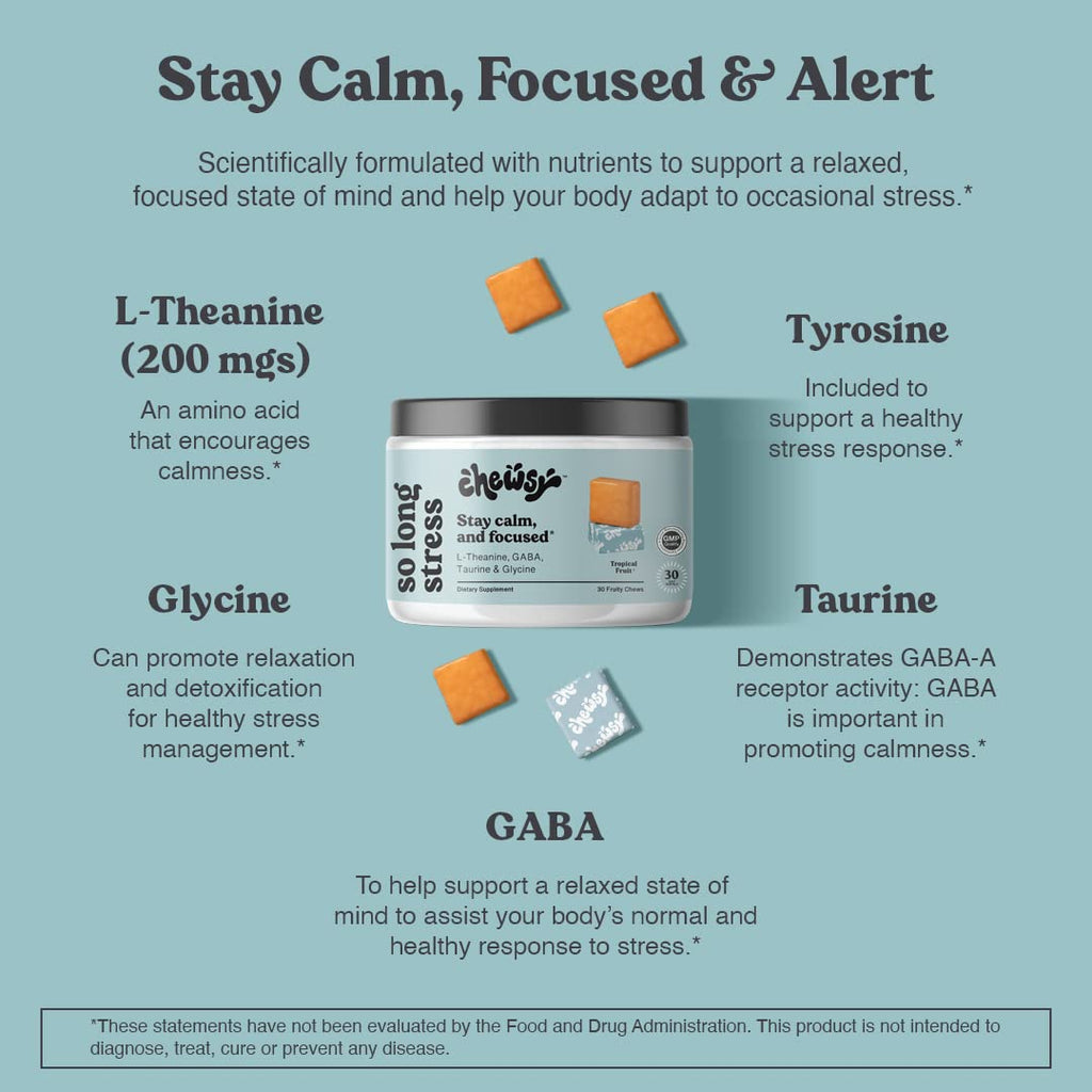 Chewsy So Long Stress, Calm Fruity Chews, Stay Calm & Focused. w/L-theanine, Amino Acid, GABA, Glycine, Tyrosine, Taurine & Magnesium. Non-GMO and Gluten-Free. Tropical Fruity Chews, 30-Day Supply CHEWSYBuy Supplements Australia