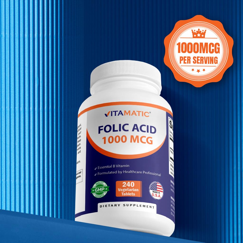 Vitamatic Folic Acid 1000 mcg (1 mg) - Vegetarian Tablets - 1667 mcg DFE - Vitamin B9 (240 Count (Pack of 1))